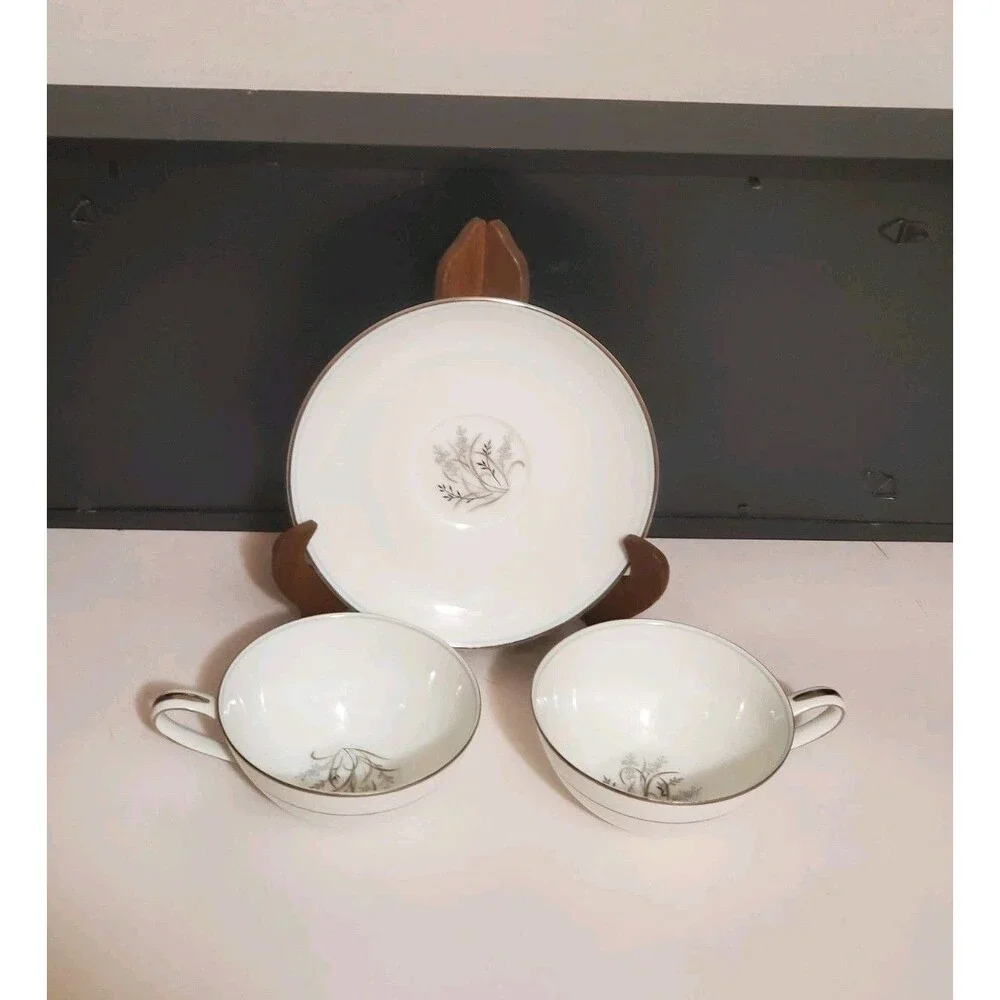 Noritake Teacups Saucer Japan Taryn 5912 Silver White Floral China 3 Pc Set Vtg